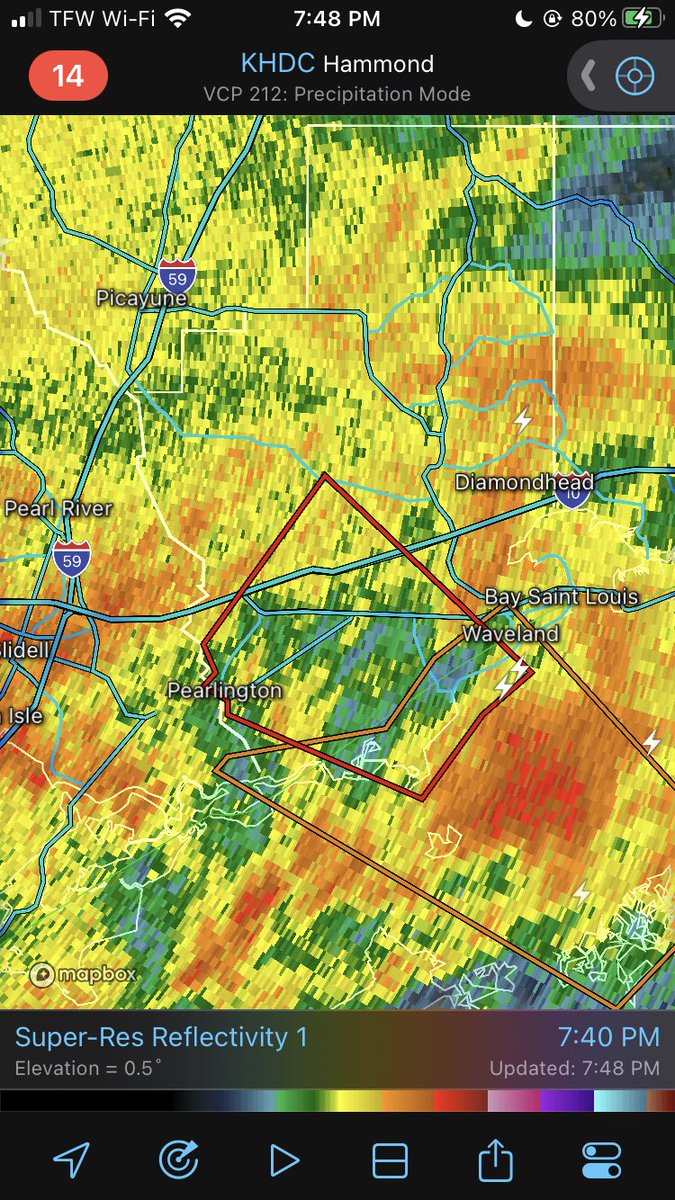 wheelieweather's tweet photo. #TornadoWarning for Southern Hancock county #Mississippi possible waterspout moving ashore near #Waveland seek shelter if you’re in the path of this storm #mswx #wxtwitter #HurricaneFrancine https://t.co/qN4GUbwwAt