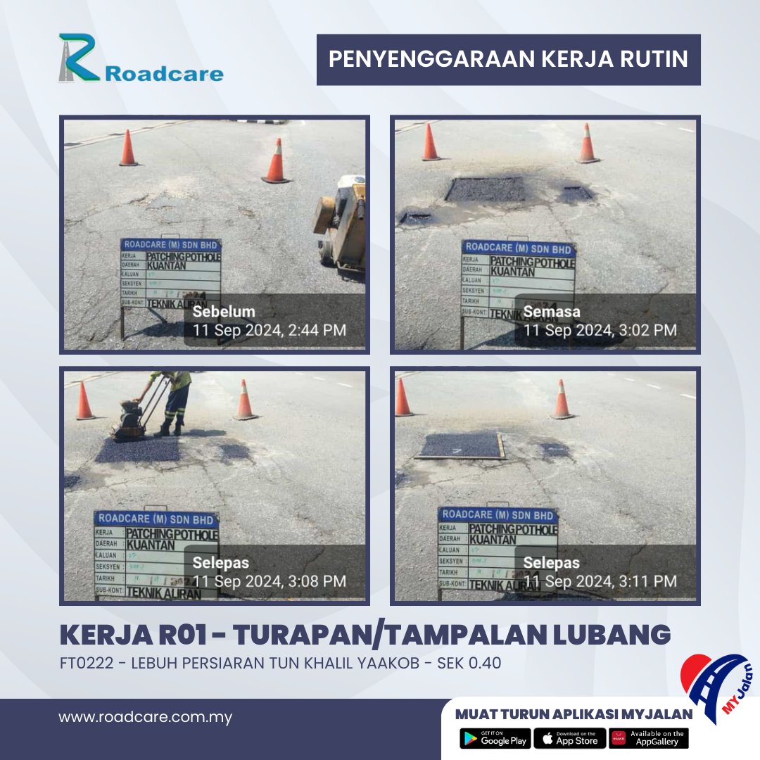 Roadcare Kuantan (@rckuantan) on Twitter photo 11 SEPTEMBER 2024
KERJA KERJA PENYENGGARAAN RUTIN R-01 TURAPAN/PENAMPALAN POTHOLE (Pothole-Hotmix)
FT 0222 - LEBUH PERSIARAN TUN KHALIL YAAKOB
Section 0.40
<a href="/JKRPAHANG/">JKR PAHANG</a> <a href="/JkrKuantan/">JKR Daerah Kuantan</a> <a href="/mbkuantan/">MBKuantan</a> <a href="/Roadcare_Phg/">ROADCARE PAHANG</a> <a href="/Roadcare_HQ/">ROADCARE (M) SDN BHD</a> <a href="/JKRMalaysia/">JKR Malaysia</a> 11 SEPTEMBER 2024
KERJA KERJA PENYENGGARAAN RUTIN R-01 TURAPAN/PENAMPALAN POTHOLE (Pothole-Hotmix)
FT 0222 - LEBUH PERSIARAN TUN KHALIL YAAKOB
Section 0.40
<a href="/JKRPAHANG/">JKR PAHANG</a> <a href="/JkrKuantan/">JKR Daerah Kuantan</a> <a href="/mbkuantan/">MBKuantan</a> <a href="/Roadcare_Phg/">ROADCARE PAHANG</a> <a href="/Roadcare_HQ/">ROADCARE (M) SDN BHD</a> <a href="/JKRMalaysia/">JKR Malaysia</a>