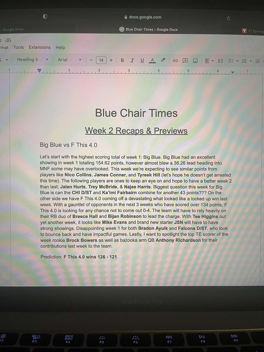 chair28827's tweet photo. Ahead of TNF kickoff tomorrow, let’s take a look at the Blue Chair Times for a deep dive into the week 2 matchups and score predictions https://t.co/RyBUmUg17j