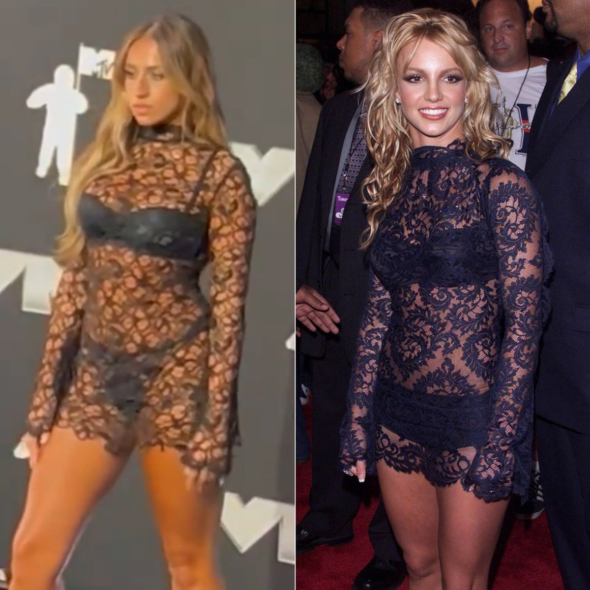 Tate McRae pays homage to Britney Spears by recreating her iconic 2001 #VMAs look.