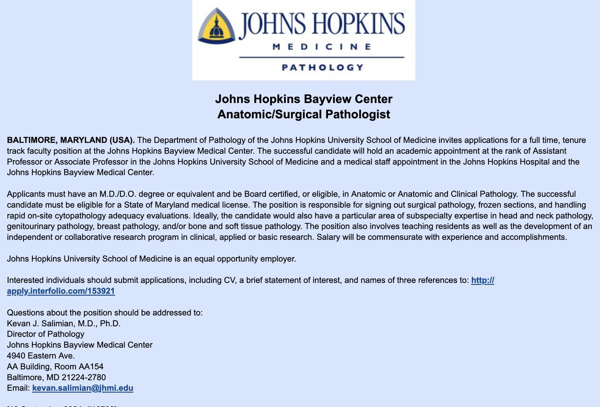 The Department of Pathology of the Johns Hopkins University School of Medicine invites applications for a full time, tenure track faculty position at the Johns Hopkins Bayview Medical Center. pathologyoutlines.com/jobs?jpd=1&jl=…