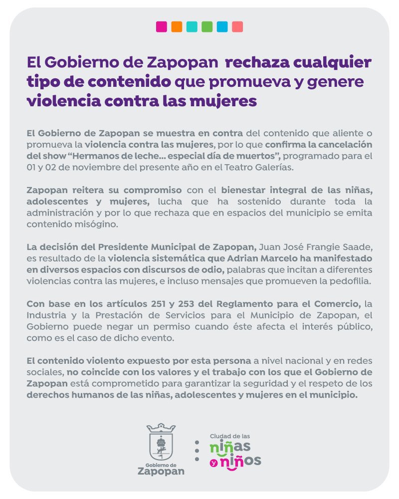Gobierno de Zapopan cancela presentaciones de AM y LM del próximo 01 y 02 de Noviembre.
