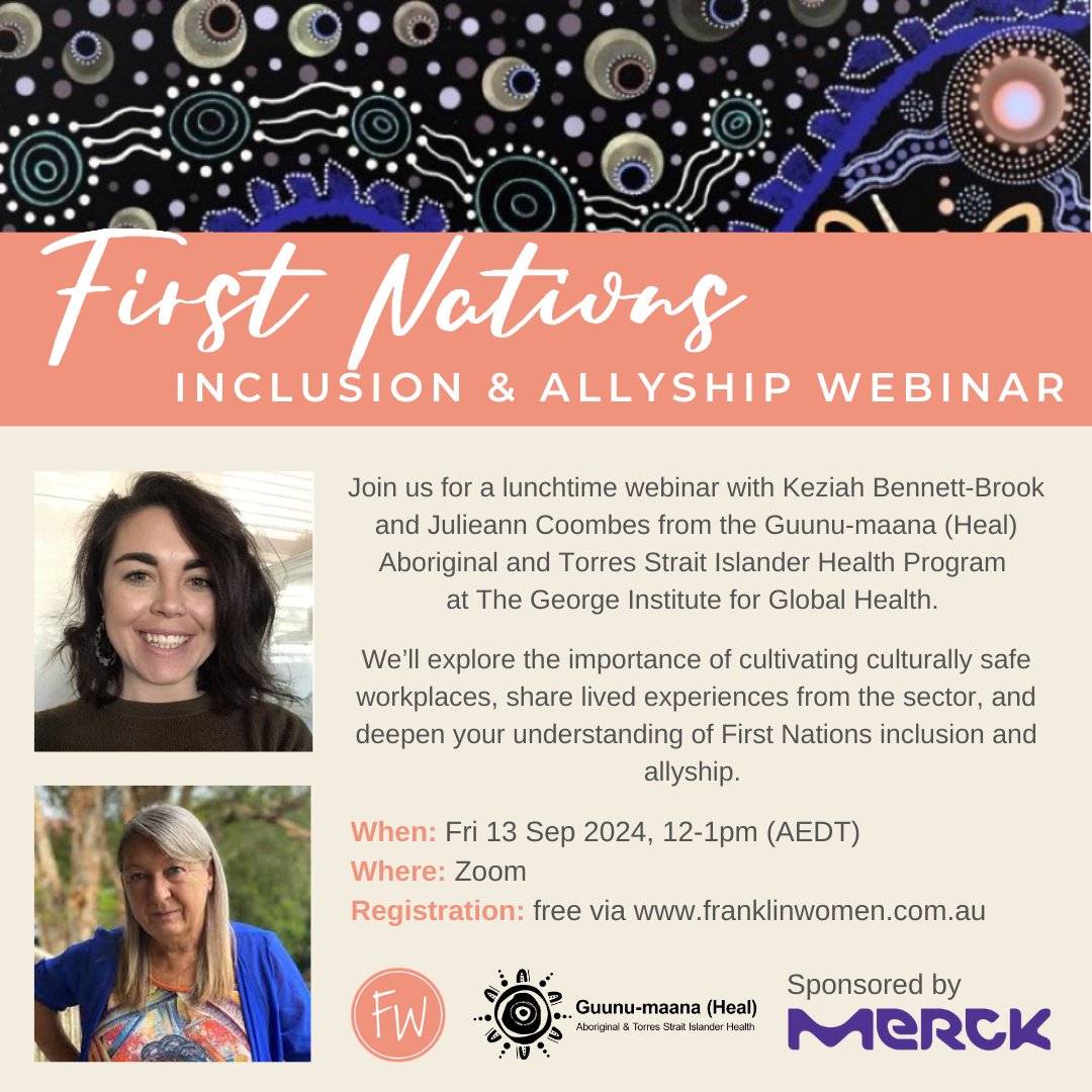 Guunu-maana (Heal) (@guunumaana_heal) on Twitter photo Tomorrow <a href="/Keziah_bb/">Keziah</a> and <a href="/julieanncoombes/">Dr Julieann Coombes</a> will be joining <a href="/FranklinWomen/">Franklin Women</a> for a lunchtime webinar!
Head to the link to register for free!
franklinwomen.com.au/first-nations-⦠Tomorrow <a href="/Keziah_bb/">Keziah</a> and <a href="/julieanncoombes/">Dr Julieann Coombes</a> will be joining <a href="/FranklinWomen/">Franklin Women</a> for a lunchtime webinar!
Head to the link to register for free!
franklinwomen.com.au/first-nations-ā¦