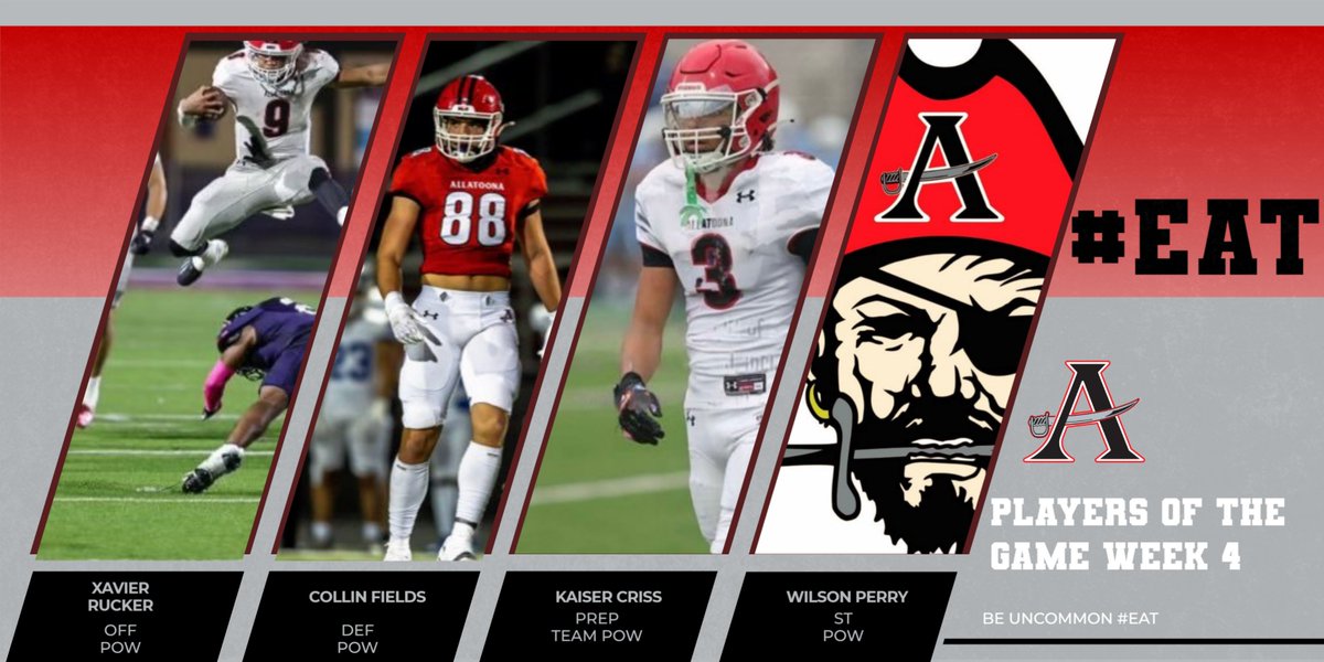 Allatoona Football (@ahsbucsfootball) on Twitter photo Congratulations to our Week 4 Players of the Week!!! #EAT
<a href="/allatoona_hs/">Allatoona High</a> <a href="/toona_athletics/">Allatoona Athletics</a> <a href="/CoachBrad_Smith/">Brad Smith</a> <a href="/RecruitGeorgia/">Recruit Georgia</a> <a href="/NEGARecruits/">Northeast Georgia Recruits</a> <a href="/NwGaFootball/">NwGa Football</a> <a href="/RustyMansell_/">Rusty Mansell</a> <a href="/CJacksonPRZ/">Connor Jackson</a> <a href="/GAVarsityRivals/">GaVarsity</a> Congratulations to our Week 4 Players of the Week!!! #EAT
<a href="/allatoona_hs/">Allatoona High</a> <a href="/toona_athletics/">Allatoona Athletics</a> <a href="/CoachBrad_Smith/">Brad Smith</a> <a href="/RecruitGeorgia/">Recruit Georgia</a> <a href="/NEGARecruits/">Northeast Georgia Recruits</a> <a href="/NwGaFootball/">NwGa Football</a> <a href="/RustyMansell_/">Rusty Mansell</a> <a href="/CJacksonPRZ/">Connor Jackson</a> <a href="/GAVarsityRivals/">GaVarsity</a>