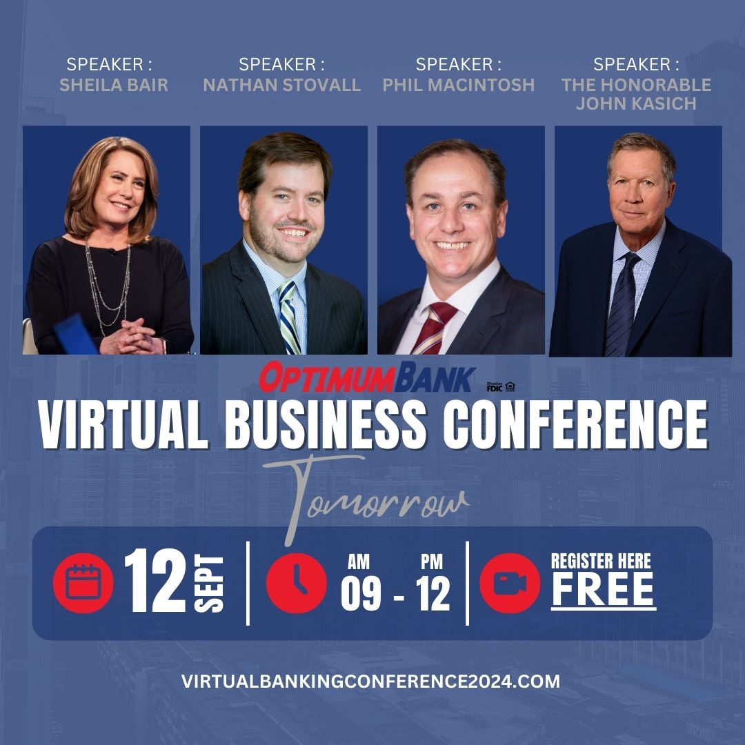 Optimum_Bank's tweet image. 🚨 Last chance to register for OptimumBank's Virtual Banking Conference on Sept 12! 🚨 Hear top experts discuss inflation, interest rates, and economic trends. Don’t miss it! Secure your spot: virtualbankingconference2024.com
#Finance #Banking #VirtualConference2024