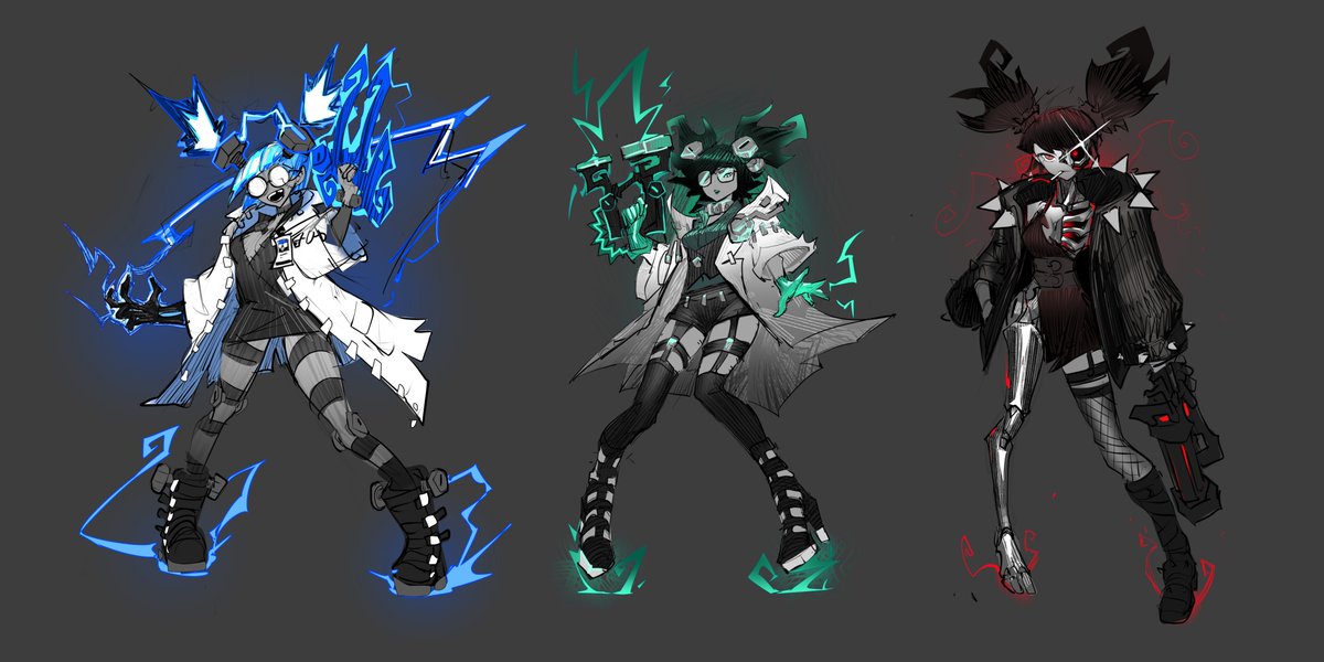 here are some of the sketches i made for fright night zeri! In the intersection between classic horror and electricity, I found that a "mad scientist" fit her well.
#LoLDevArt 🧵1/2