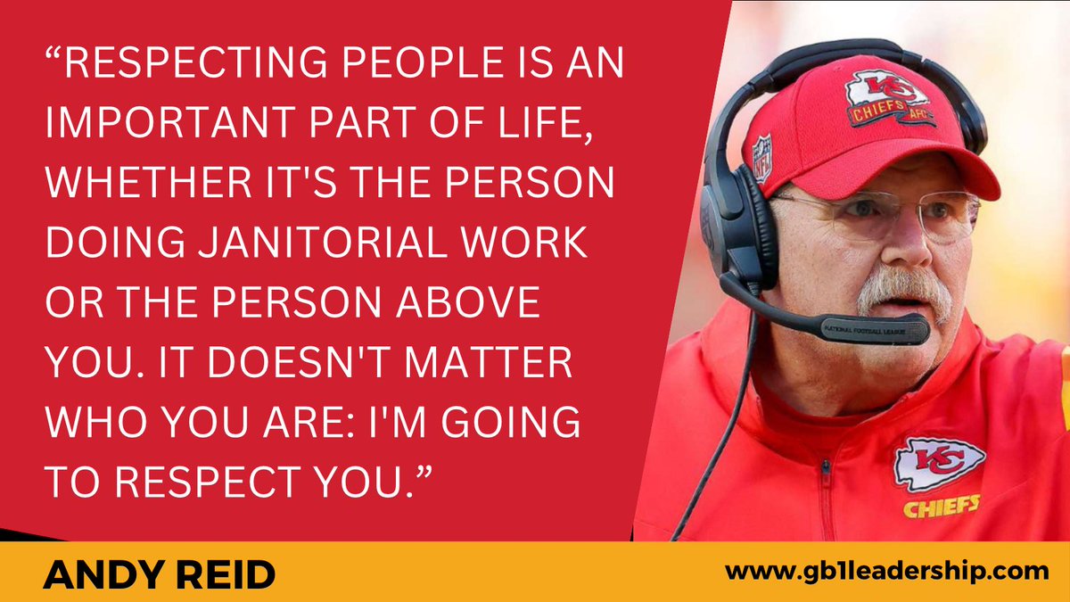 GregBerge's tweet photo. Andy Reid said, “Respecting people is an important part of life, whether it's the person doing janitorial work or the person above you. It doesn't matter who you are: I'm going to respect you.”

Respect isn’t given, it’s earned.

Treat others well, show up, &amp; lead with integrity. https://t.co/Sx5YnGSGCC