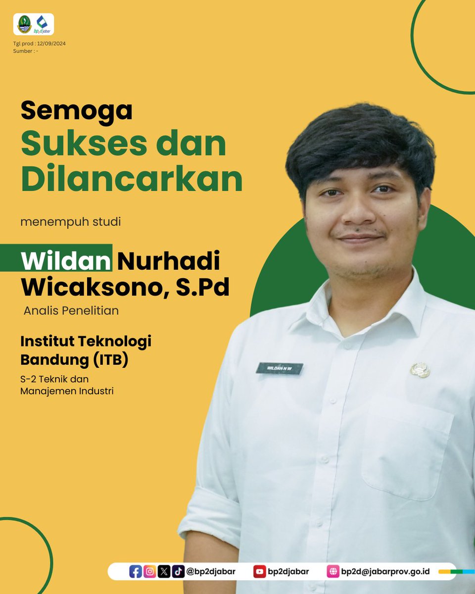 bp2djabar's tweet image. Sukses selalu untuk sahabat kami kang Wildan,😁
yang kini sedang menempuh studi Pascasarjana pada (S2) Teknik dan Manajemen Industri, Institut Teknologi Bandung.✨
#JabarJuaraIndonesiaJuara #JawaBarat #WestJava #BeyMachmudin #LindaAlAmin #BP2DJabar #LitbangJuara
