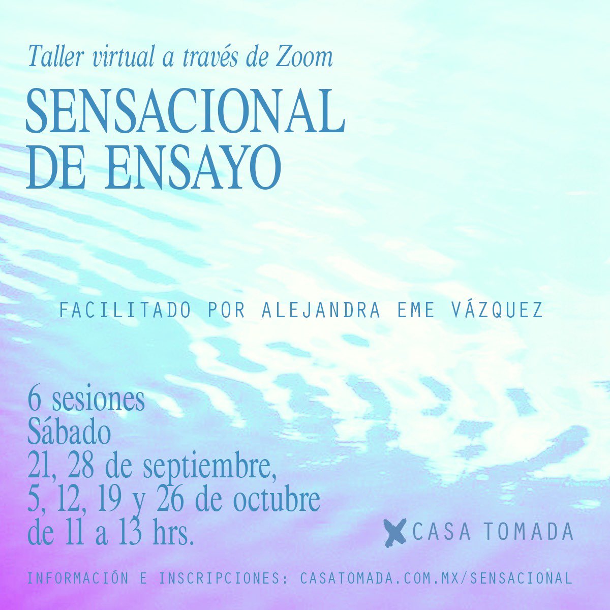 La gran <a href="/alejandraemeuve/">Alejandra Eme Vázquez</a> compartirá un taller para cualquier persona que desee escribir ensayo literario. 
Se revisarán aspectos teóricos y también realizaremos ejercicios de escritura. 

Es en línea y sabatino ✨

+ información: casatomada.com.mx/sensacional