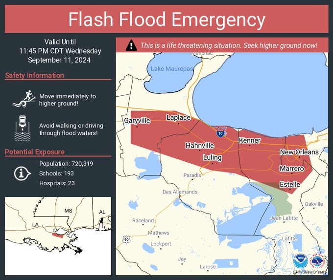 This graphic displays a flash flood emergency plotted on a map. The warning is in effect until 11:45 PM CDT. The warning includes New Orleans LA, Metairie LA and Kenner LA.  This warning is for Northwestern Jefferson Parish in southeastern Louisiana, Southwestern Orleans Parish in southeastern Louisiana, Northern St. Charles Parish in southeastern Louisiana and Southwestern St. John The Baptist Parish in southeastern Louisiana. Avoid walking or driving through flood waters! Move immediately to higher ground! There are 720,319 people in the warning along with 193 schools and 23 hospitals.