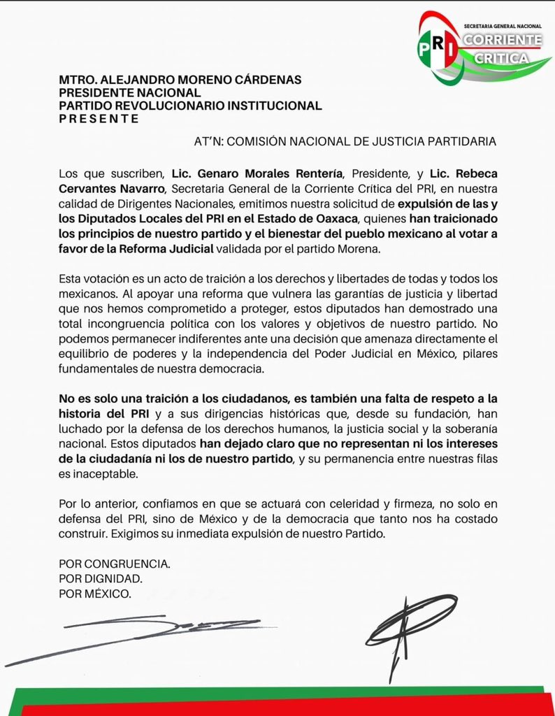 Dirigentes de la Corriente Critica del <a href="/PRI_Nacional/">PRI</a>, en una carta dirigida al presidente <a href="/alitomorenoc/">Alejandro Moreno</a> exigieron la expulsión de los legisladores locales de #Oaxaca que votaron a favor de la #ReformaJudicial: