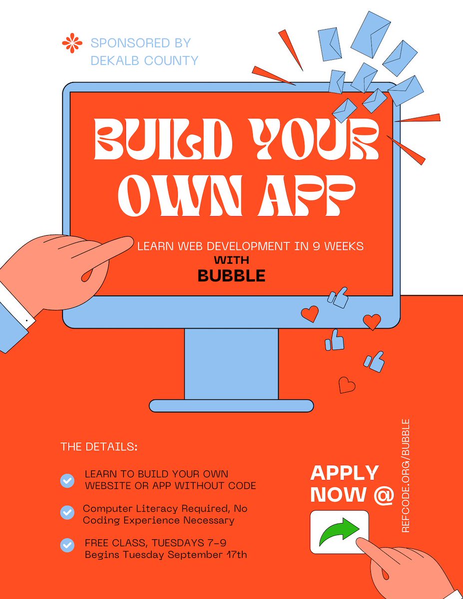 refcode_tweets's tweet image. Learn to build your own website at Refcode, starting Tuesday September 17th!
Sign up at refcode.org/bubble