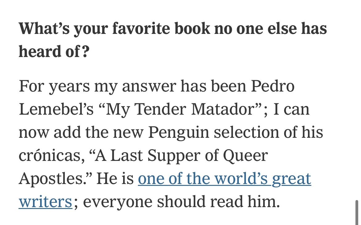 Elianna Kan (@eliannakan) on Twitter photo Garth Greenwell gives Pedro Lemebel and the recently published Penguin Classics anthology some love in his excellent By the Book feature in <a href="/nytimesbooks/">New York Times Books</a> :
nytimes.com/2024/09/05/boo… Garth Greenwell gives Pedro Lemebel and the recently published Penguin Classics anthology some love in his excellent By the Book feature in <a href="/nytimesbooks/">New York Times Books</a> :
nytimes.com/2024/09/05/boo…