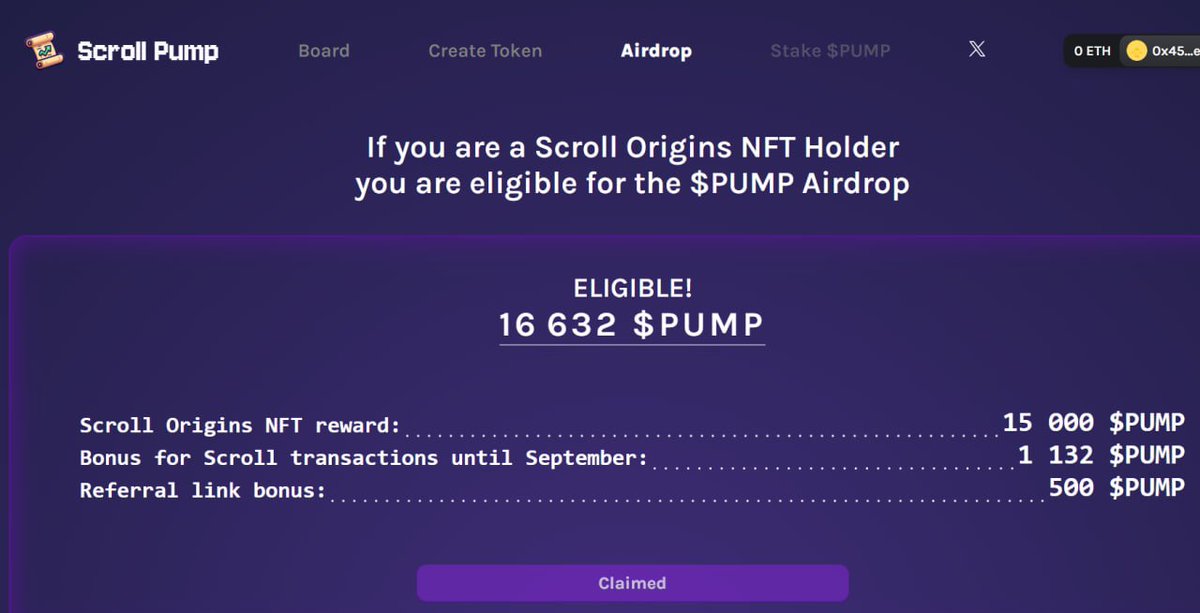 RubensGoes's tweet photo. 𝐍𝐞𝐰 𝐀𝐢𝐫𝐝𝐫𝐨𝐩 𝐢𝐬 𝐒𝐜𝐫𝐨𝐥𝐥 $PUMP 🪂

If you minted a Scroll Origins NFT📜
you're eligible for the $PUMP airdrop!

Claim your airdrop: https://t.co/vDCnc6pZnL

From Scroll Pump – the new meme coin launchpad on Scroll! 🚀

#Scroll #Airdrop #Linea #Arbitrum $SOON https://t.co/QVss3B8cfs