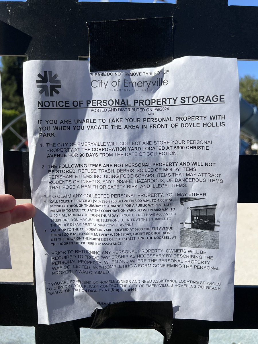 TheEvilleEye's tweet image. Always happy to amplify Emeryville resident issues especially if they are being ignored but yr 1st course of action s/b to submit a ticket on the #SeeClickFix app. The encampment next to the kids playground @ Doyle Hollis has been cleared. Belongings will be stored for 90 days.
