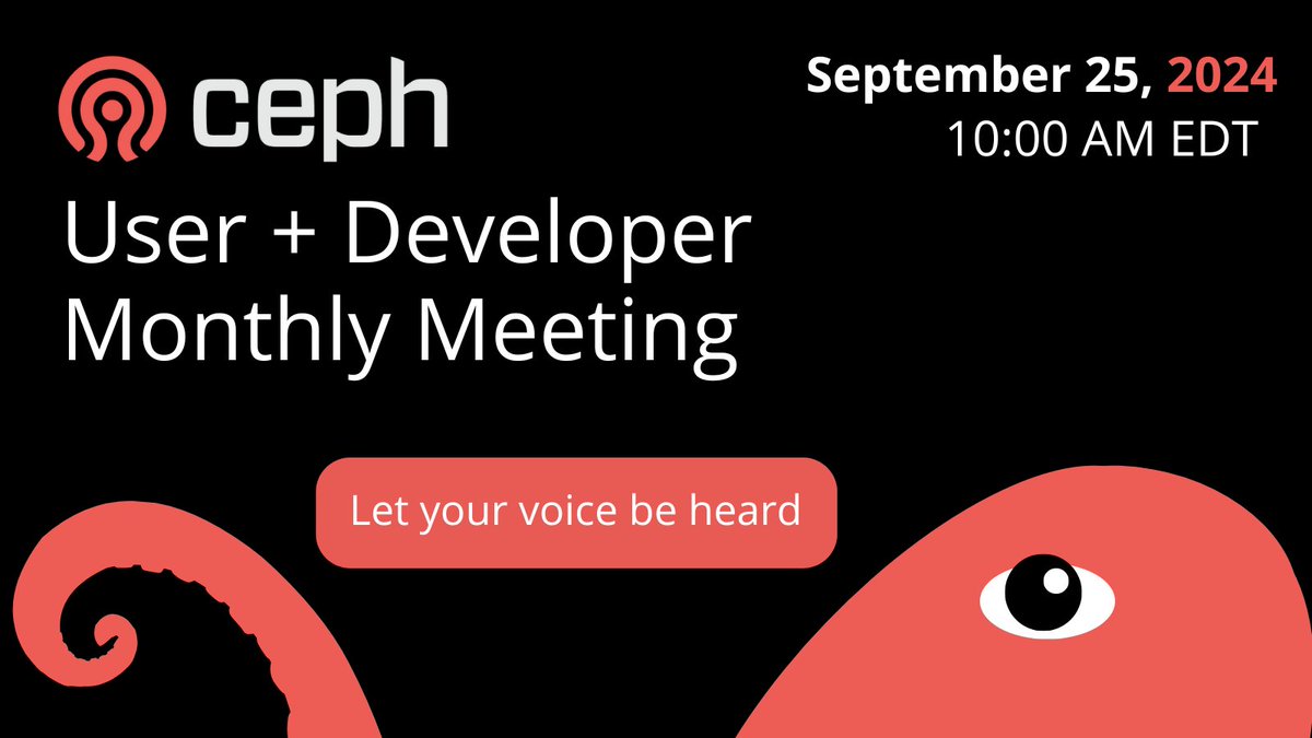 Our next user + developer monthly meeting is coming soon! Join us September 25th at 7:00AM EDT as we come together to give developer updates and answer your <a href="/ceph/">Ceph</a> questions. Register here:
hubs.la/Q02PC6F50 #Ceph