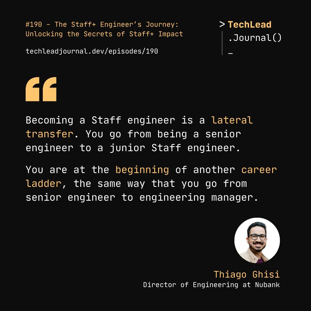 Tech Lead Journal (@techleadjournal) on Twitter photo Transitioning to a Staff Engineer role is a significant career shift, it's essentially like starting a new career ladder.
Hear more from <a href="/thiagoghisi/">Thiago Ghisi</a> in episode 190
techleadjournal.dev/episodes/190 Transitioning to a Staff Engineer role is a significant career shift, it's essentially like starting a new career ladder.
Hear more from <a href="/thiagoghisi/">Thiago Ghisi</a> in episode 190
techleadjournal.dev/episodes/190