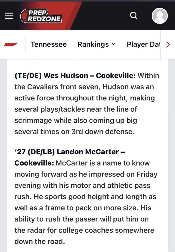 Thanks for coming to the game last week <a href="/CSmithScout/">Chris Smith</a> !  And a big thanks for the recognition for myself and my teamates.   Hope you get to catch us again this season.   

<a href="/Cavs_Football/">Cookeville Football</a>  <a href="/CoachVann35/">Justin Vann</a> <a href="/CoachHennigan/">Taylor Hennigan</a>