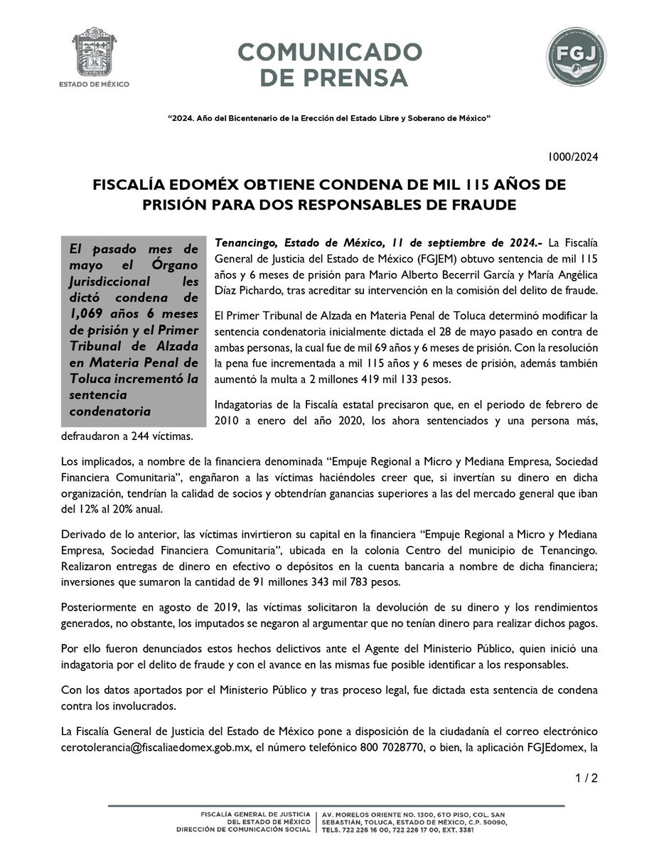 FiscaliaEdomex's tweet photo. #Sentenciados. La #FiscalíaEdoméx obtuvo sentencia de mil 115 años y 6 meses de prisión para Mario Alberto Becerril García y María Angélica Díaz Pichardo, tras acreditar su intervención en la comisión del delito de fraude en #Tenancingo. 
En el periodo de febrero de 2010 a enero del año 2020, los ahora sentenciados y una persona más, defraudaron a 244 víctimas a través de una Financiera.

https://t.co/MvaXLuOSik