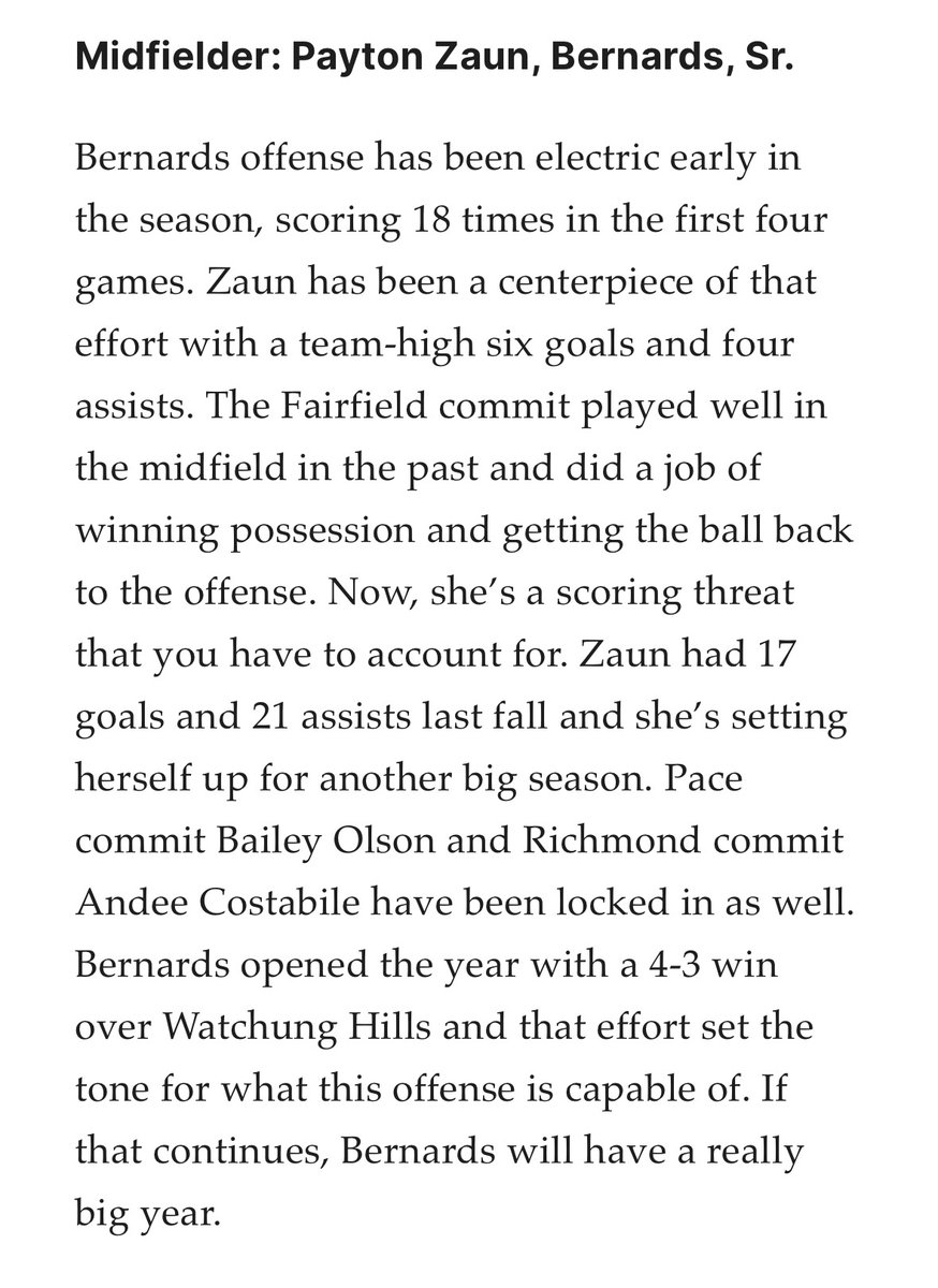 Bernards Girls Soccer (@bernardsgsoccer) on Twitter photo Huge thanks to <a href="/BrandonGouldHS/">Brandon Gould</a> for this incredible, well deserved honor for 2025 <a href="/StagsWSoccer/">FUWS</a> commit <a href="/PaytonZaun/">Payton Zaun</a>. As <a href="/acostabile4/">Andee Costabile</a> told her in the huddle yesterday…”You aren’t human!”The scariest part is that she isn’t even close to her ceiling yet! <a href="/BernardsSports/">Bernards Athletics</a> Huge thanks to <a href="/BrandonGouldHS/">Brandon Gould</a> for this incredible, well deserved honor for 2025 <a href="/StagsWSoccer/">FUWS</a> commit <a href="/PaytonZaun/">Payton Zaun</a>. As <a href="/acostabile4/">Andee Costabile</a> told her in the huddle yesterday…”You aren’t human!”The scariest part is that she isn’t even close to her ceiling yet! <a href="/BernardsSports/">Bernards Athletics</a>
