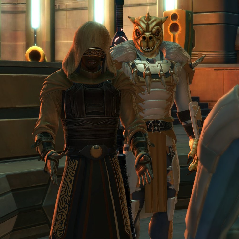 mordorgeist's tweet photo. I might be Low Key Obsessed with the Jedi Drip on my #SWTOR Jedi Consular Yehezkel. Some of you that are following along, know that this is the Rep version of the Imp Inquisitor I made for #Roleplaing on Malgus. Qyzen and Ashara looking sharp as well. 
#SpaceBarbie #swtorfashion https://t.co/QMFCA0AT6y