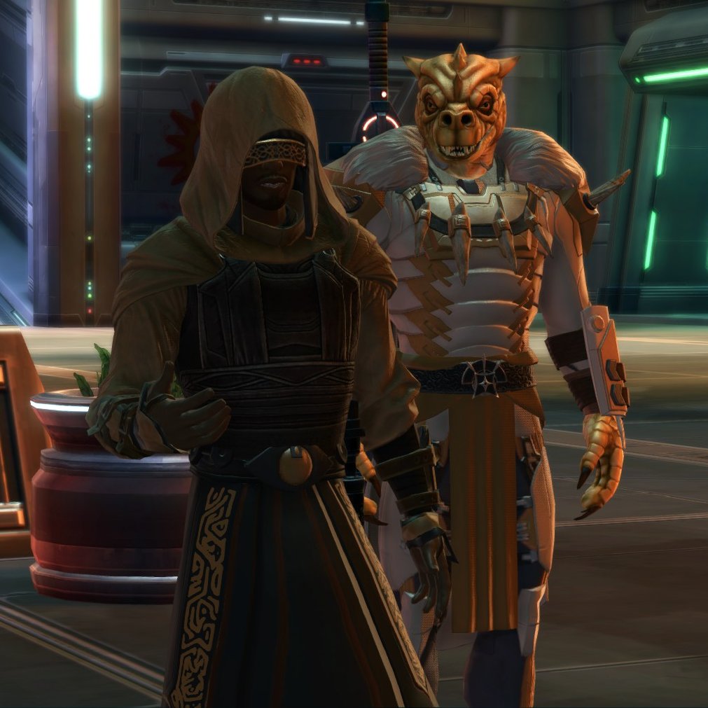 mordorgeist's tweet photo. I might be Low Key Obsessed with the Jedi Drip on my #SWTOR Jedi Consular Yehezkel. Some of you that are following along, know that this is the Rep version of the Imp Inquisitor I made for #Roleplaing on Malgus. Qyzen and Ashara looking sharp as well. 
#SpaceBarbie #swtorfashion https://t.co/QMFCA0AT6y