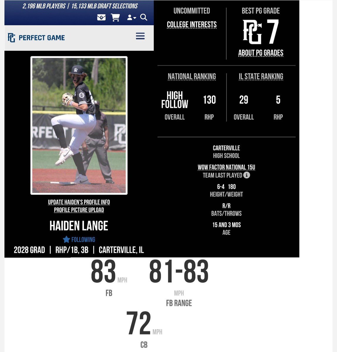 Haiden Lange (@09_hai_lange) on Twitter photo Got the new <a href="/PerfectGameUSA/">Perfect Game USA</a> rankings! Huge props to my team <a href="/WowFactorNation/">Wow Factor Baseball</a> 15U, <a href="/JGoetzBaseball/">Justin Goetz</a> and <a href="/lukecrumley35/">Luke Crumley</a>. Thanks to <a href="/B_Hube38/">Brett Huber</a> & <a href="/MaxPitchingLab/">Maximized Pitching Lab</a> for always pushing me to be better. And thanks to <a href="/heatherjla/">Heather Lange</a> and <a href="/clange_82/">Carl Lange</a> for always supporting me as I chase my dreams. Got the new <a href="/PerfectGameUSA/">Perfect Game USA</a> rankings! Huge props to my team <a href="/WowFactorNation/">Wow Factor Baseball</a> 15U, <a href="/JGoetzBaseball/">Justin Goetz</a> and <a href="/lukecrumley35/">Luke Crumley</a>. Thanks to <a href="/B_Hube38/">Brett Huber</a> & <a href="/MaxPitchingLab/">Maximized Pitching Lab</a> for always pushing me to be better. And thanks to <a href="/heatherjla/">Heather Lange</a> and <a href="/clange_82/">Carl Lange</a> for always supporting me as I chase my dreams.