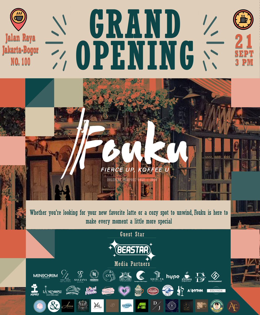 ㅤ
   
   𝐒ippin' on sunshine and strong coffee
   𝐄mbracing the good vibes

    𝗙ouku 𝗖offee 𝗚rand 𝗢pening
     "FIERCE UP, KOFFEE U" ☕

            ●・○・●・○・●

    𝐎n 21st September
    𝐈n Jalan Raya Jakarta-Bogor No. 100

    #FIERCEUP_KOFFEEU
ㅤ
ㅤ