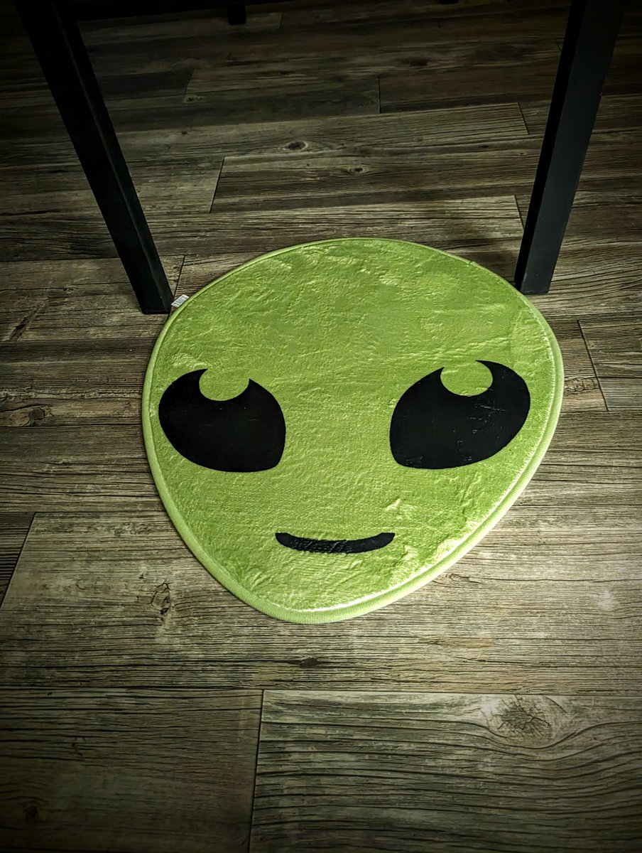 TheCableman01's tweet photo. Cute decorative extra terrestrial rug, a gift from my daughter. It lays on the floor right by my comfy chair to visit me while I drink wine. https://t.co/alEhbODIgq