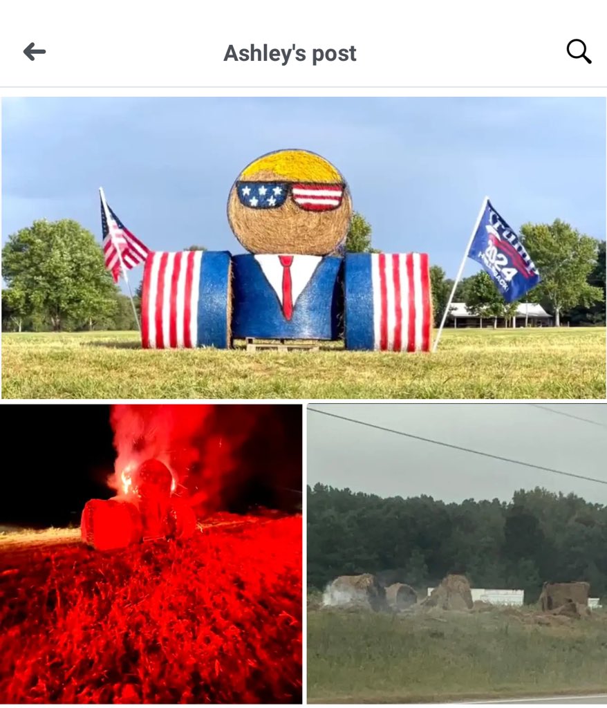 libsoftiktok's tweet photo. A Trump themed hay bale display was set on fire in Alabama in an apparent arson attack. The family is offering a $1,000 reward for information leading to the culprit.

The party of love and tolerance strikes again https://t.co/mYsIFvXKcD