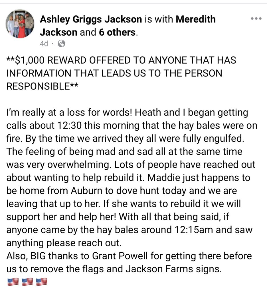 libsoftiktok's tweet photo. A Trump themed hay bale display was set on fire in Alabama in an apparent arson attack. The family is offering a $1,000 reward for information leading to the culprit.

The party of love and tolerance strikes again https://t.co/mYsIFvXKcD