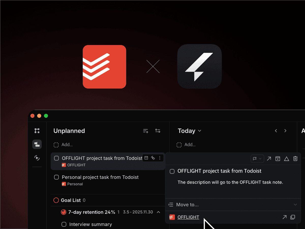 OFFLIGHT_makers's tweet photo. It’s been 3 weeks since our last update, and during that time, we've made many improvements to our product!

1. @todoist Integration
You can now sync and manage your Todoist tasks with OFFLIGHT!  

2. Natural Language Task Creation
When creating tasks, you can now add dates, times, and durations directly in the title to instantly create and schedule them!  

3. Blazingly Fast Speed Update
The most fundamental and important feature of any productivity tool is its speed! Under our ‘Project 0.1sec’ initiative, we’re making groundbreaking improvements to product speed! 

 We're growing every week. If you want to enjoy not only your personal growth but also the growth of our product, why not give it a try and play around with it?

https://t.co/UBLE5DGqx0