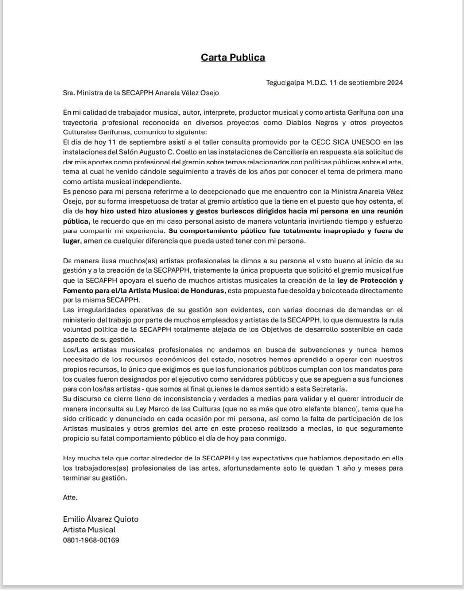 Penoso comportamiento de nuestra Ministra de Cultura Anarela Velez a nuestro compañero Emilio Álvarez.

 Secretaría de las Culturas, Artes y los Patrimonios 
Secretaría General del SICA 
 UNESCO en español
Presidenta <a href="/XiomaraCastroZ/">Xiomara Castro de Zelaya</a>
