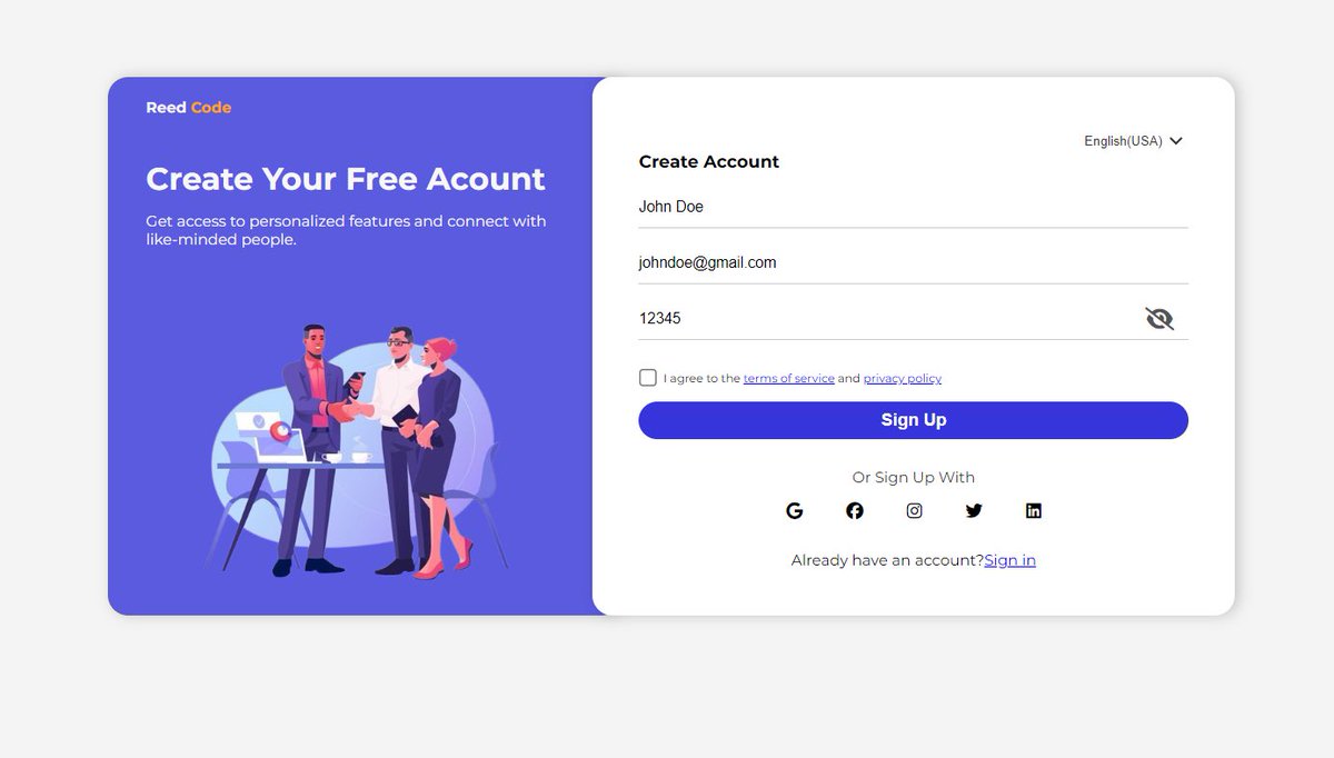 reed_code's tweet image. Modern sign up page with HTML, CSS, and JavaScript

💡Key functionality - Show and hide password using JavaScript

Guys rate my work 

Github 👉 github.com/hsfarid/modern…