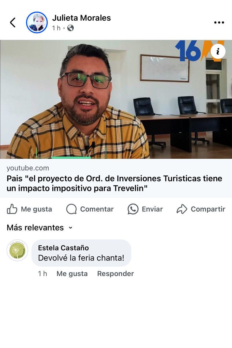 Yo creí que el tema de la feria se había solucionado!!😬😬😬
Inversiones <a href="/FacundoPais/">Facundo Nahuel Pais</a> la gente necesita trabajo!!!!
<a href="/TrevelinMuni/">Municipio Trevelin (Chubut)</a> 
<a href="/fmdellagoesquel/">fm del lago</a> 
<a href="/Tegid7/">Tegid</a> 
<a href="/rhicano/">Ricardo Ingram</a>