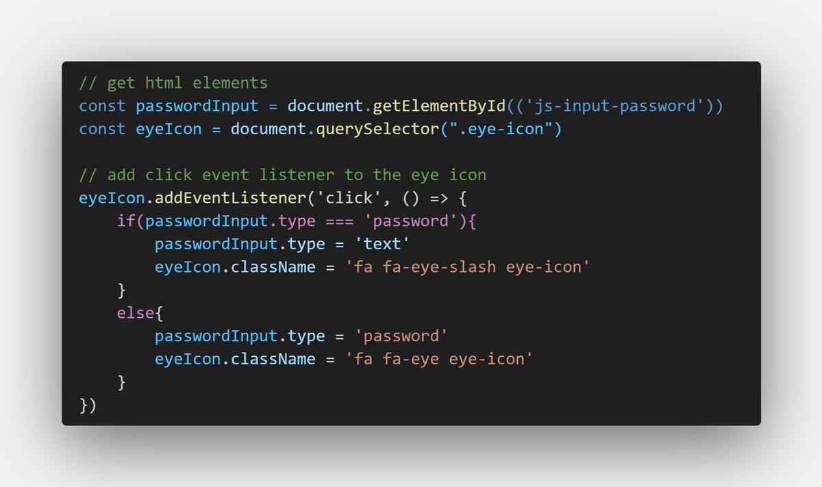 reed_code's tweet image. JavaScript code to show or hide password in a password input field.
