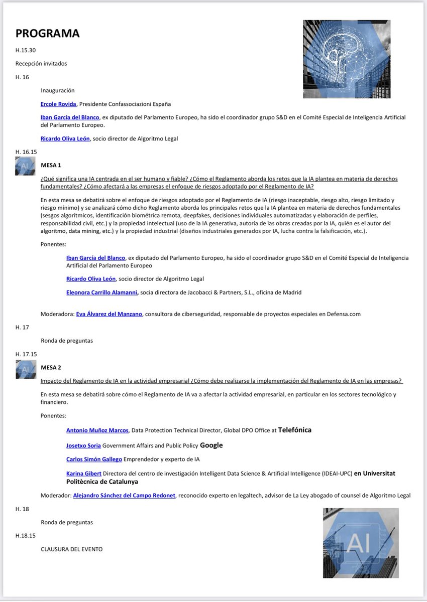 algoritmolegal's tweet image. 🎯 𝐈𝐌𝐏𝐋𝐈𝐂𝐀𝐂𝐈𝐎𝐍𝐄𝐒 𝐄 𝐈𝐌𝐏𝐀𝐂𝐓𝐎 𝐃𝐄𝐋 𝐑𝐄𝐆𝐋𝐀𝐌𝐄𝐍𝐓𝐎 𝐄𝐔𝐑𝐎𝐏𝐄𝐎 𝐃𝐄 𝐈𝐍𝐓𝐄𝐋𝐈𝐆𝐄𝐍𝐂𝐈𝐀 𝐀𝐑𝐓𝐈𝐅𝐈𝐂𝐈𝐀𝐋 𝐄𝐍 𝐋𝐀𝐒 𝐄𝐌𝐏𝐑𝐄𝐒𝐀𝐒 el 19.09.24
Puedes inscribirte aquí: lnkd.in/dgCfJ8WH 
Programa completo del evento aquí 👇
#IA #IA