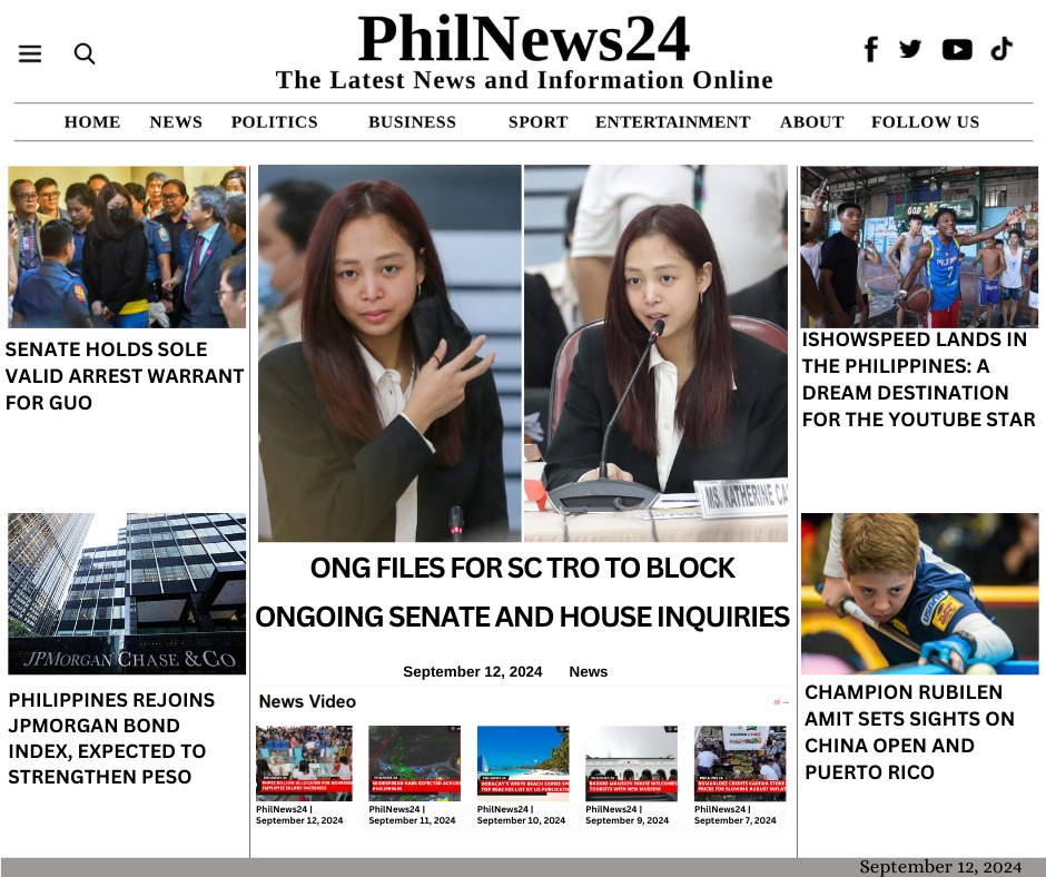 PhilNews24's tweet image. PhilNews24 | September 12, 2024
For the latest news, visit: philnews24.org

#quadcommittee #cassandraliong #restrainingorder #pogoissue #RegionalTrialCourt #AliceGuo #WARRANTARREST #JPMorgan #Philippines #Rejoin #ishowspeed #ishowspeedinph #youtubestar #RubilenAmit #WPA