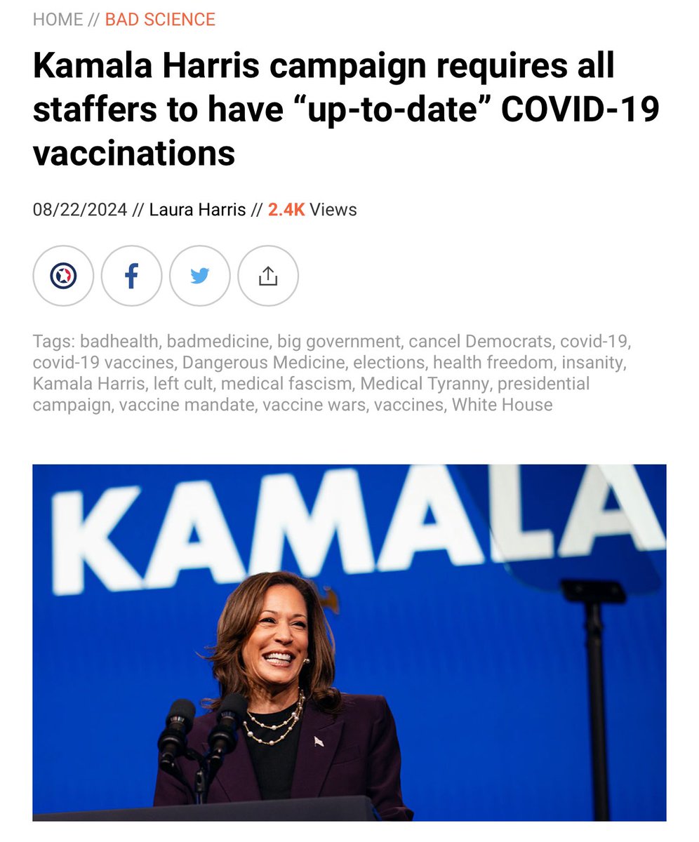 Laura Loomer (@lauraloomer) on Twitter photo You just required everyone on your campaign to take the COVID vaccine.
You don’t even allow your own campaign staffers to make decisions about their own bodies. <a href="/KamalaHarris/">Kamala Harris</a> You just required everyone on your campaign to take the COVID vaccine.
You don’t even allow your own campaign staffers to make decisions about their own bodies. <a href="/KamalaHarris/">Kamala Harris</a>