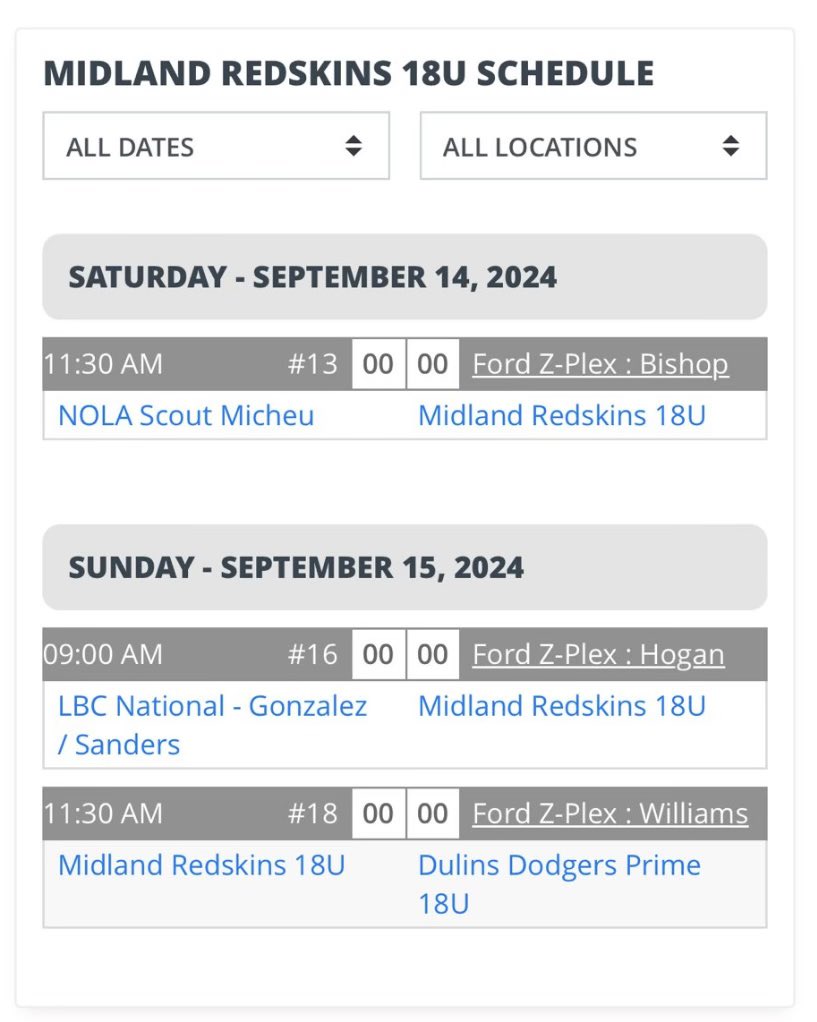 Schedule this weekend with the Midland Redskins