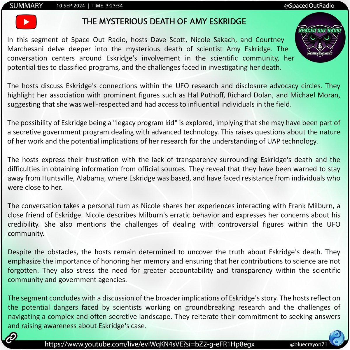 bluecrayon71's tweet photo. THE MYSTERIOUS DEATH OF AMY ESKRIDGE @SpacedOutRadio
🔗 https://t.co/4RYvSg9Ow0
#AmyEskridge #UAP #Disclosure #LegacyPrograms #DirectedEnergyWeapons #TimeTravel #WarpDrive #Nanoparticles #SpaceOutRadio https://t.co/ZkBs8WdVyI