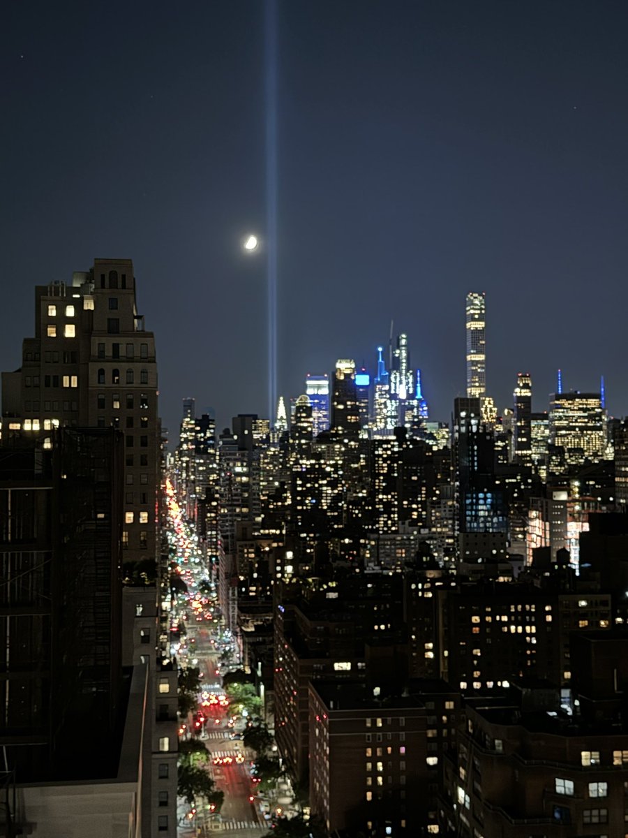 sbeninatis's tweet photo. Bright memorial lights kissed by the moon after another somber day of reflection. 
23 years! Seems like it was yesterday. 
We will always remember. https://t.co/VRQuWNlXf5