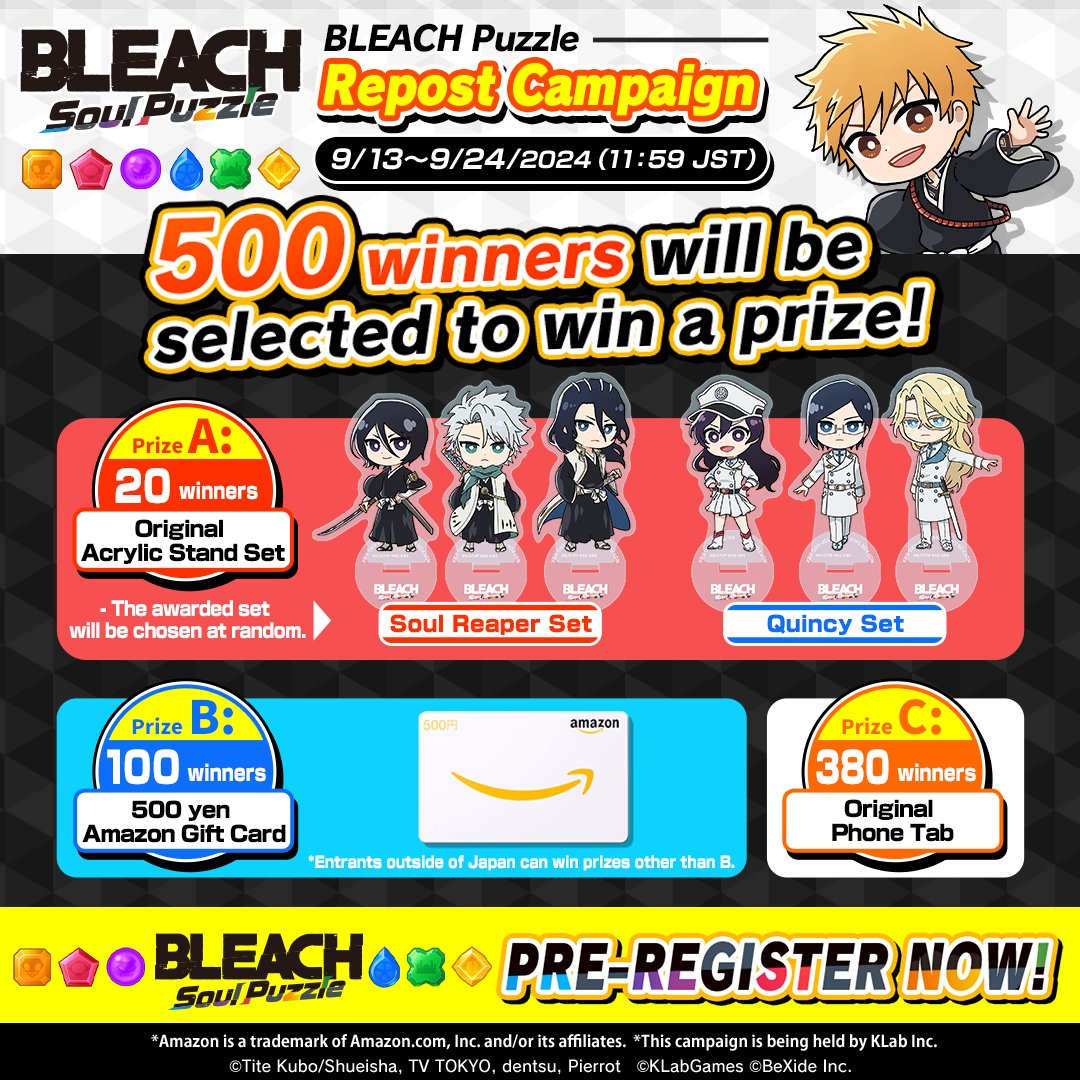 BLEACHPuzzle_en's tweet photo. BLEACH Puzzle Repost Campaign

500 winners will receive BLEACH Puzzle merch!
Enter every day until 9/24 (JST)!

1. Follow @BLEACHPuzzle_en
2. RP this before 9/21 11:59 (JST)
- Winners will be contacted via DM

Pre-Register
https://t.co/EP8bIWlaVN

Details
https://t.co/JFd7hMpuwa https://t.co/9Q5em7neM2