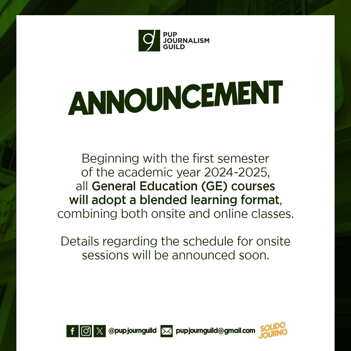 pupjournguild's tweet photo. 𝗘𝘆𝗲𝘀 𝗵𝗲𝗿𝗲, 𝗷𝗼𝘂𝗿𝗻𝗼𝘀! 👀

The Department of Journalism (DOJ) announced that 𝗮𝗹𝗹 𝗚𝗲𝗻𝗲𝗿𝗮𝗹 𝗘𝗱𝘂𝗰𝗮𝘁𝗶𝗼𝗻 (𝗚𝗘) 𝗰𝗼𝘂𝗿𝘀𝗲𝘀 𝘄𝗶𝗹𝗹 𝗮𝗱𝗼𝗽𝘁 𝗮 𝗯𝗹𝗲𝗻𝗱𝗲𝗱 𝗹𝗲𝗮𝗿𝗻𝗶𝗻𝗴 𝗳𝗼𝗿𝗺𝗮𝘁.

Read the full announcement here: https://t.co/8AZGbPXCCI https://t.co/YwboHYIfJP