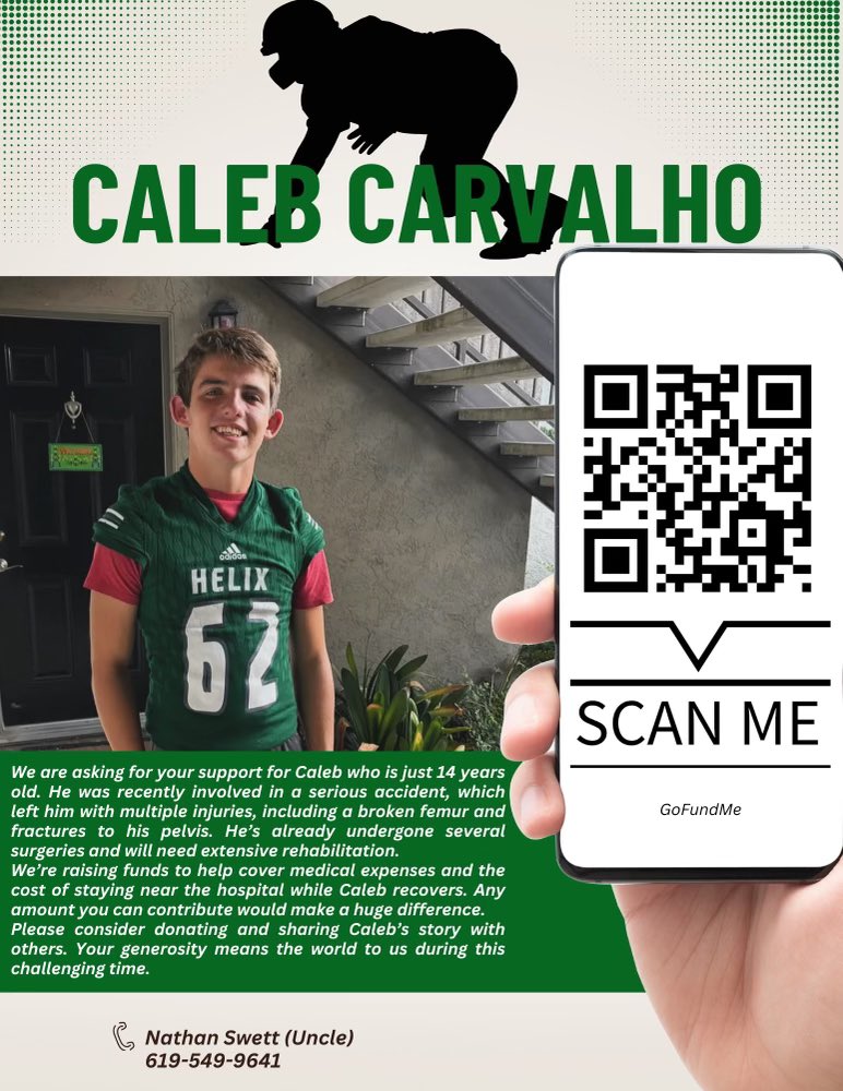 HelixFootball's tweet photo. Please Share His Story.
Caleb Carvalho is a freshman football player here at Helix High School and is apart of our freshman Football program. Helix Football is a family and we want to extend our help in aiding the family at this time. We are all with you Caleb. #CalebStrong https://t.co/KLcEfLrIca