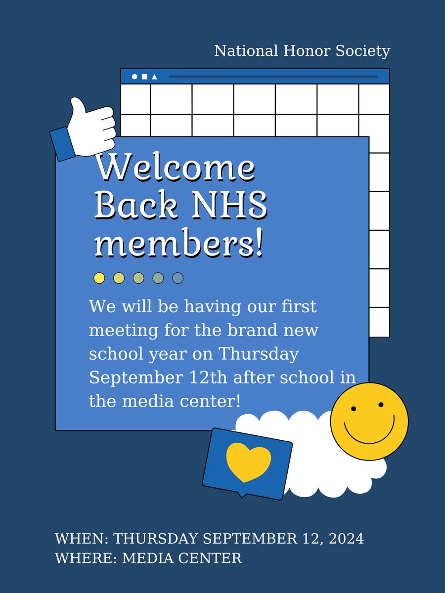 First NHS meeting of the year for CURRENT MEMBERS TOMORROW in the media center after school! Make sure to attend, important information will be shared. #NHS