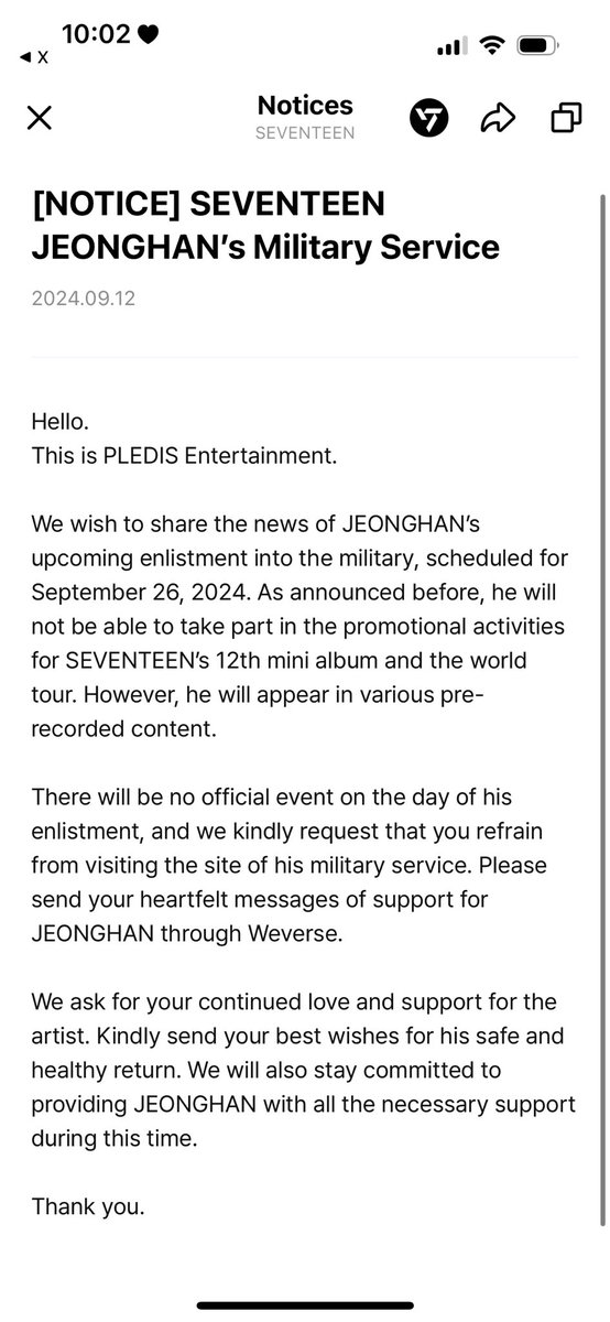 coupspore's tweet photo. สวัสดี
นี่คือ PLEDIS Ent.
จองฮันจะเข้ากรมในวันที่ 26 กันยายน 2024 ตามที่ประกาศไว้ก่อนหน้านี้ เขาจะไม่สามารถเข้าร่วมกิจกรรมโปรโมตมินิอัลบั้มที่ 12 ของ SEVENTEEN และ world tour ได้ อย่างไรก็ตาม เขาจะปรากฏตัวในคอนเทนต์ต่างๆ ที่ได้อัดไว้ล่วงหน้า
และจะไม่มีกิจกรรมใดๆอย่างเป็นทางการในวันที่เขาเข้ากรม และเราขอร้องว่าอย่าไปเยี่ยมที่สถานที่รับราชการทหารของเขาเลยโปรดส่งข้อความเพื่อสนับสนุน จองฮันผ่าน Weverse เท่านั้น

เราขอให้คุณยังคงรักและสนับสนุนศิลปินคนนี้ต่อไป โปรดส่งคำอวยพรให้เขาปลอดภัยและมีสุขภาพแข็งแรง เราจะยังคงให้การสนับสนุน จองฮันอย่างเต็มที่ในช่วงเวลานี้