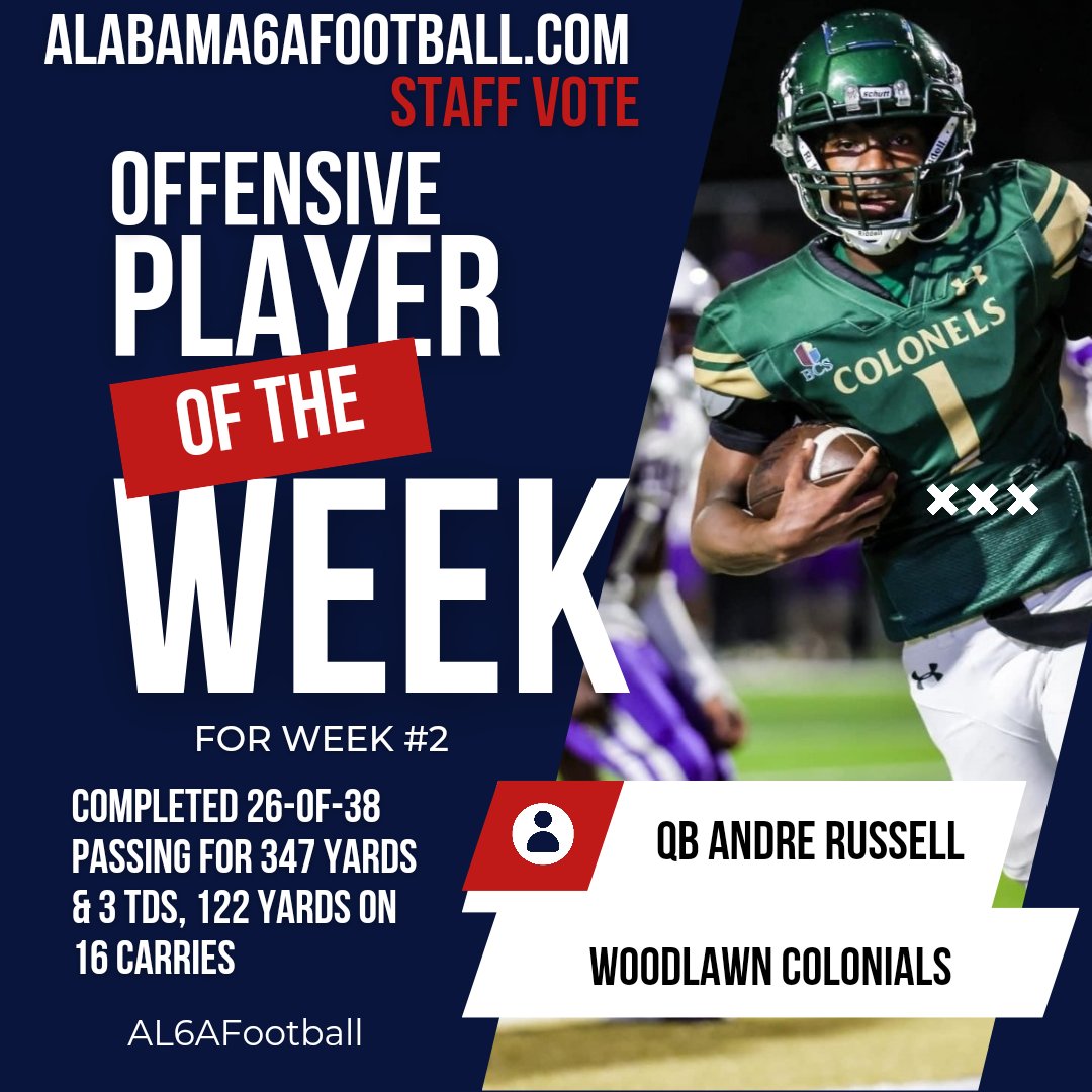 Congratulations to QB Andre Russell (Woodlawn) - completed 26-of-38 passing for 347 yards &amp; 3 TDs, 122 yards on 16 carries vs Minor for being selected by our STAFF VOTE our VICIS/Schutt Sports 6A Co-Offensive "Player of the Week" for Week #2 
<a href="/AndreRusse2025/">Andre Russell Jr.</a>