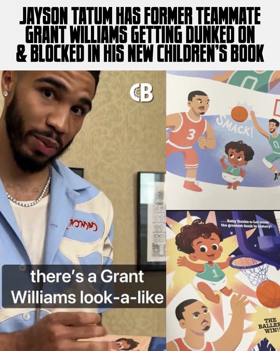 CourtsideBuzzX's tweet image. TATUM TROLLS GRANT WILLIAMS: Jayson Tatum, who, included NBA stars like LeBron James, Stephen Curry &amp;amp; Jimmy Butler in his new children’s book, put former teammate &amp;amp; friend, Grant Williams, in their twice getting dunked on &amp;amp; his shot blocked by a baby! 😂💀

Tatum recently…
