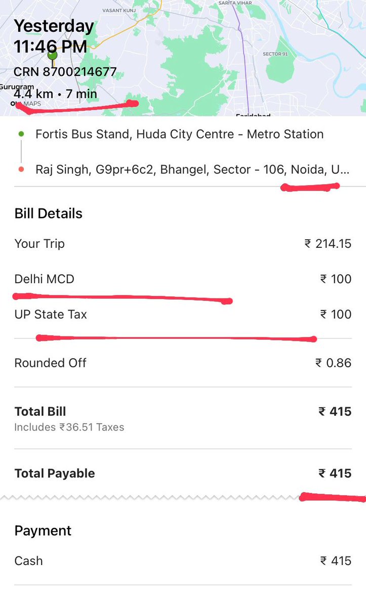 moistureyez's tweet photo. @Olacabs apparently, Gurgaon to Noida takes 7 mins now? Booked a cab from Huda City Centre, Gurgaon to Ardee City for ₹192, magically ended up paying ₹415. Women booking late-night cabs have it tough enough already, kindly stop scamming us and refund ASAP. https://t.co/xD2MuKQ8QD
